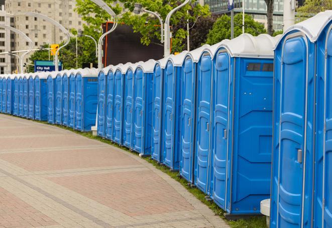 Seasonal porta potty units set up at a Fayetteville, North Carolina venue
